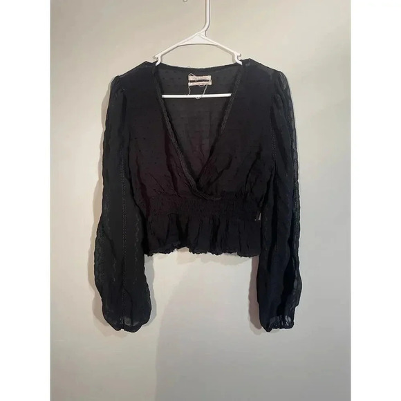 Urban Outfitters Black Cropped Swiss Dot Top with Embroidered Sleeves - Picture 1 of 11